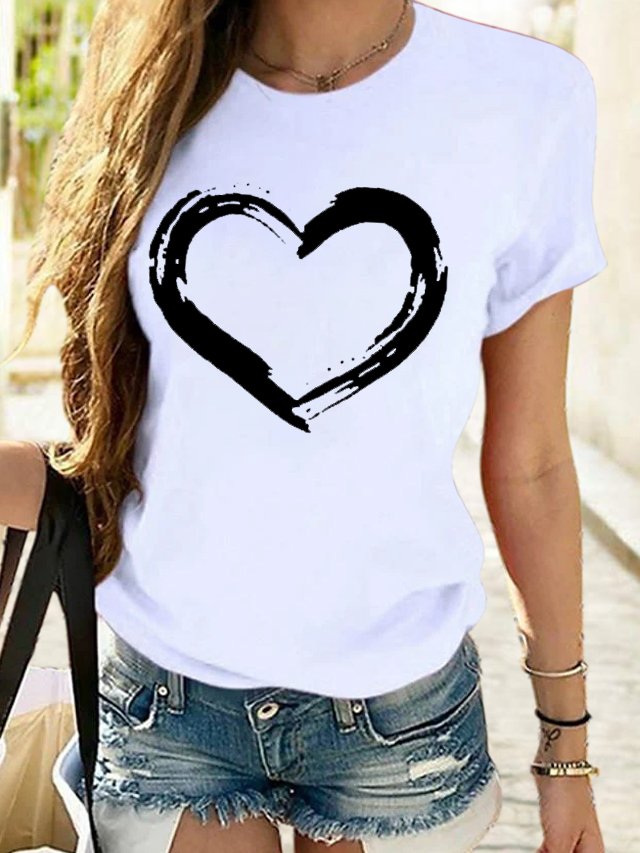 Women's Cute Heart Graphic Crewneck Cotton Casual T-Shirt