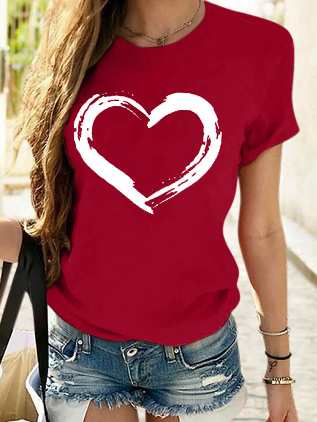 Women's Cute Heart Graphic Crewneck Cotton Casual T-Shirt