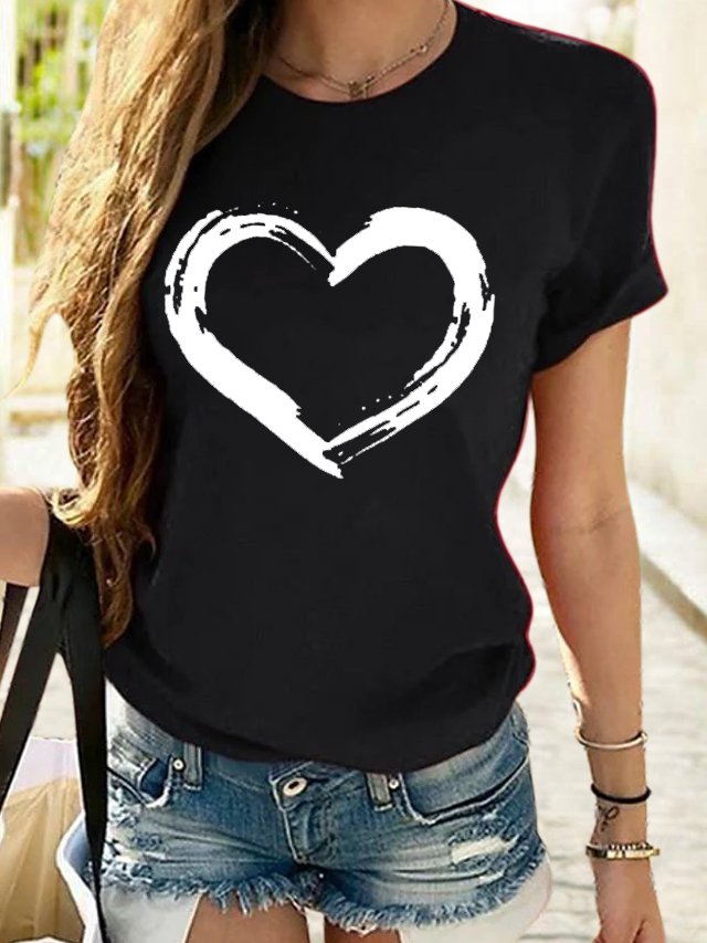 Women's Cute Heart Graphic Crewneck Cotton Casual T-Shirt