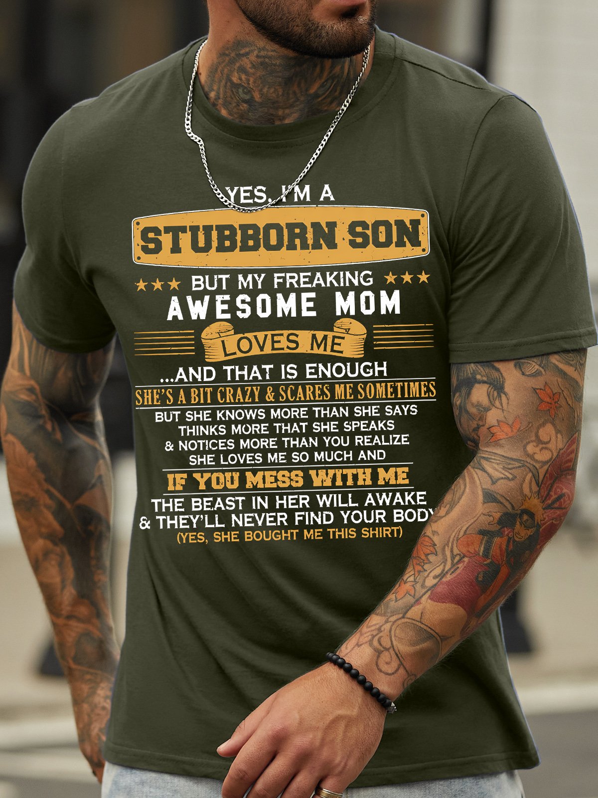 Men's Yes I Am A Stubborn Son But My Freaking Awesome Mom Loves Me And That Is Enough Funny Graphic Printing Text Letters Cotton Loose Casual T-Shirt