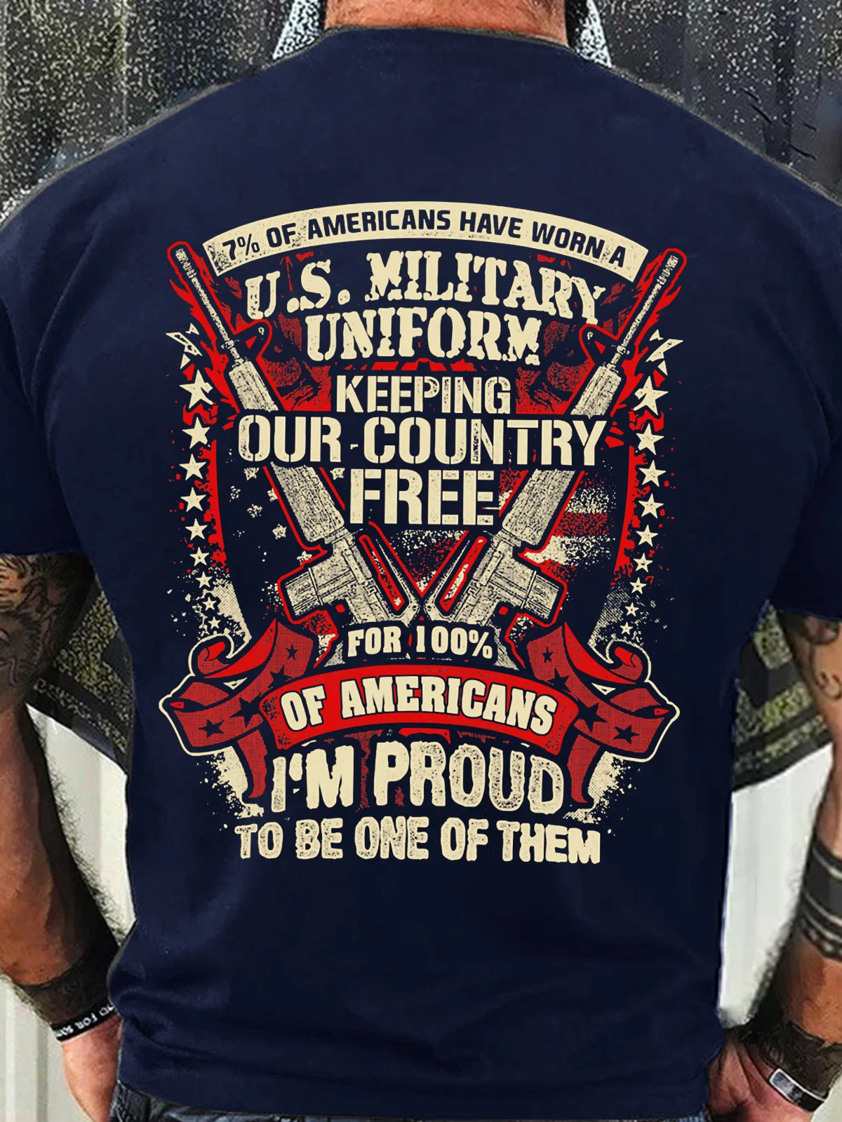 Men’s 7% Of Americans Have Worn A US Military Uniform Keeping Our Country Free For 100% Of Americans Regular Fit Text Letters Casual Crew Neck T-Shirt