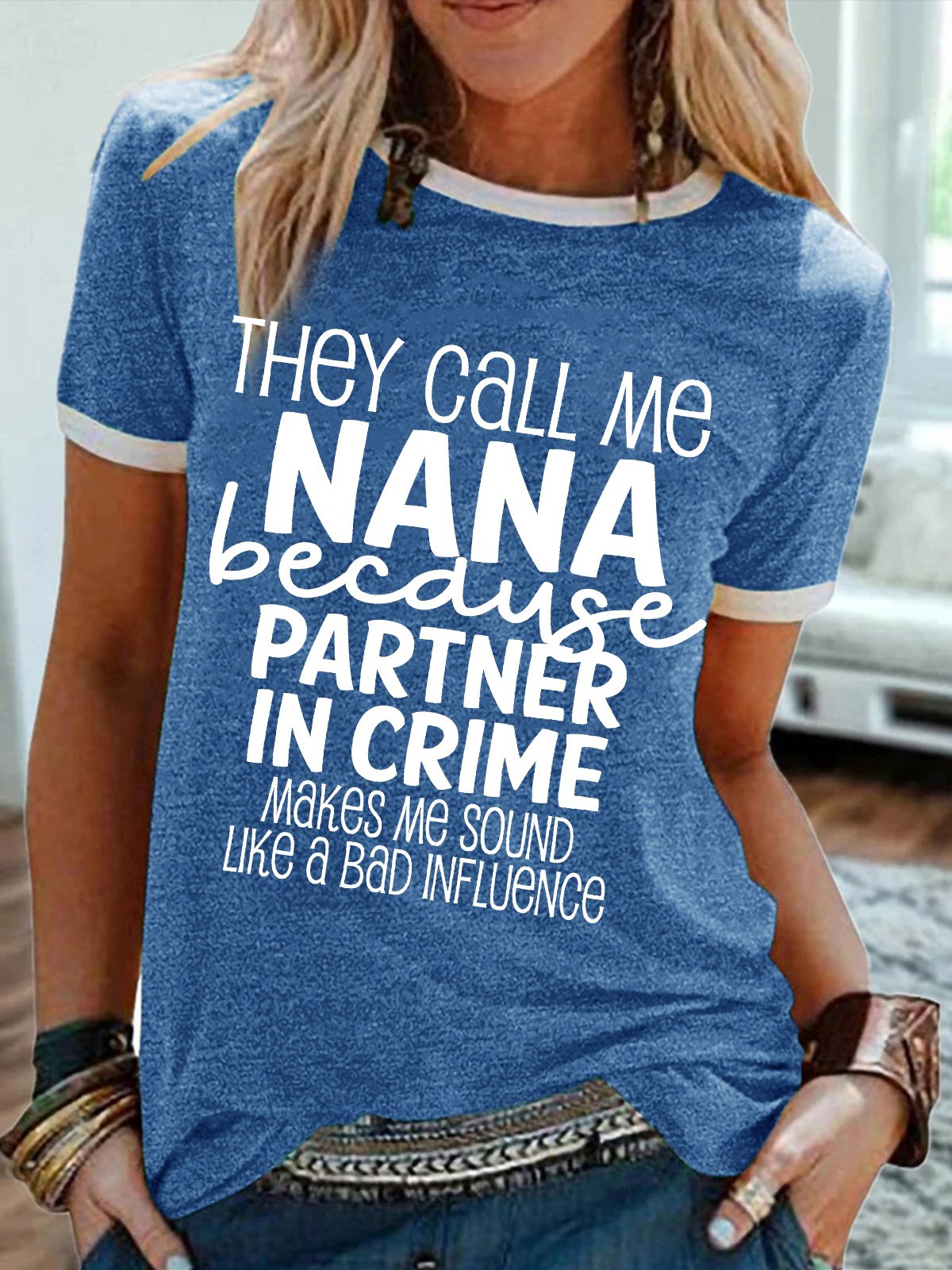 Women's They Call Me Nana Because Partner In Crime Makes Me Sound Like A Bad Influennce Funny Graphic Printing Crew Neck Casual Text Letters Cotton-Blend T-Shirt