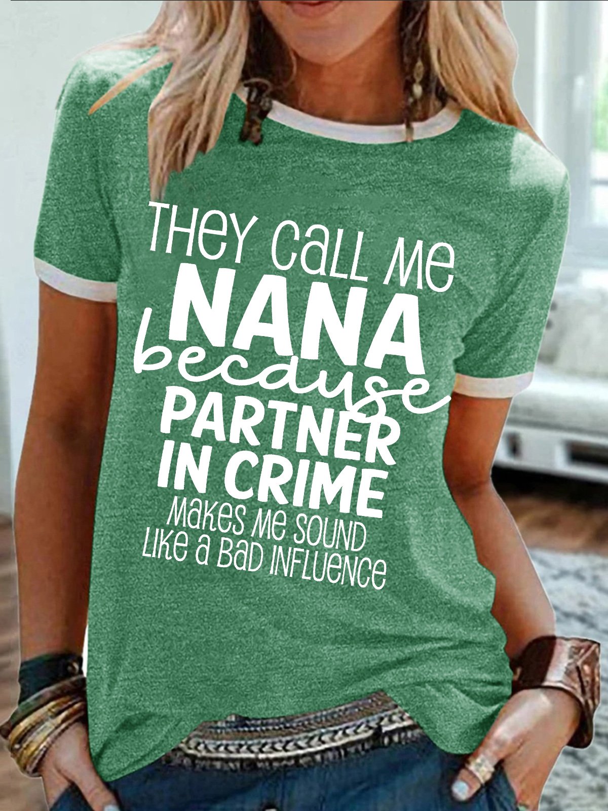 Women's They Call Me Nana Because Partner In Crime Makes Me Sound Like A Bad Influennce Funny Graphic Printing Crew Neck Casual Text Letters Cotton-Blend T-Shirt