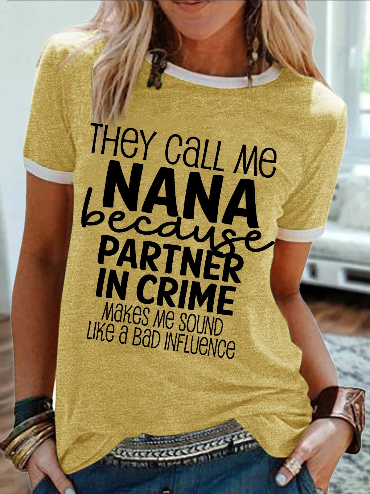 Women's They Call Me Nana Because Partner In Crime Makes Me Sound Like A Bad Influennce Funny Graphic Printing Crew Neck Casual Text Letters Cotton-Blend T-Shirt