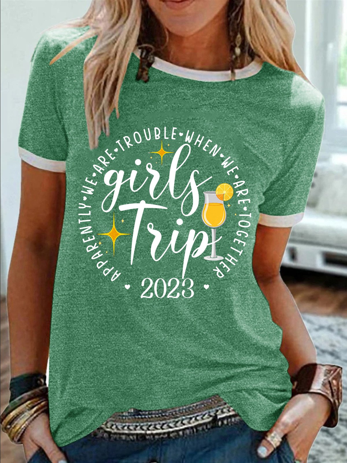 Women’s Girls Trip Apparently We Are Trouble When We Are Together Casual Crew Neck T-Shirt