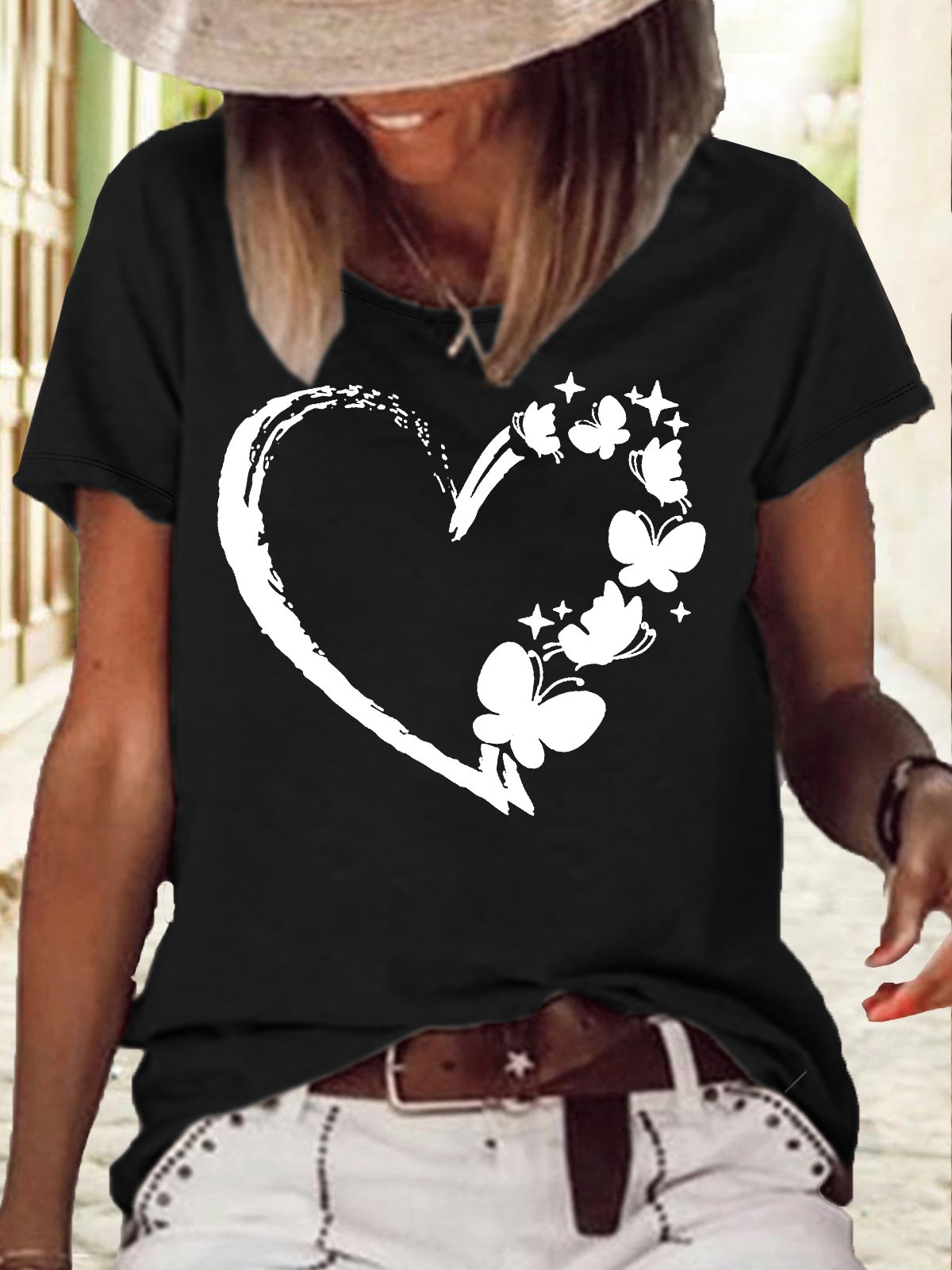 Women's Butterfly Heart Print Casual Crew Neck Letters T-Shirt