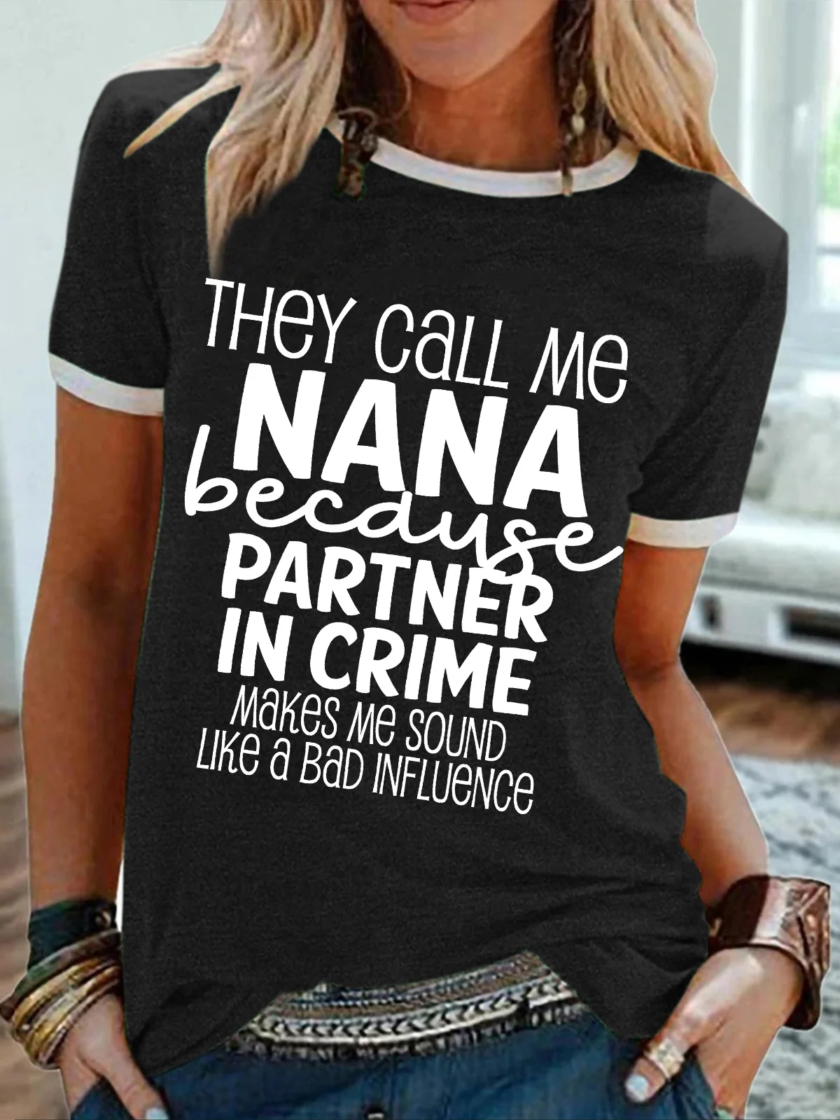 Women's They Call Me Nana Because Partner In Crime Makes Me Sound Like A Bad Influennce Funny Graphic Printing Crew Neck Casual Text Letters Cotton-Blend T-Shirt