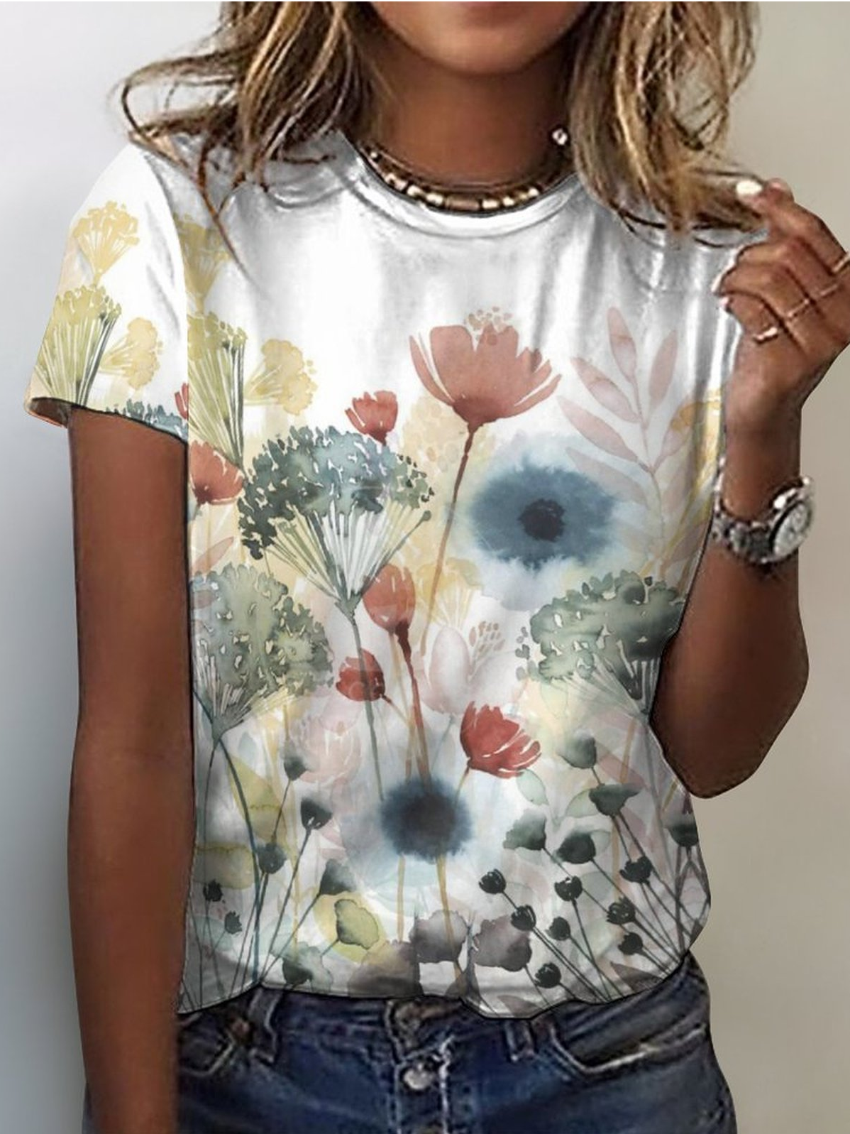 Women's Watercolor Flower Art print Casual T-Shirt