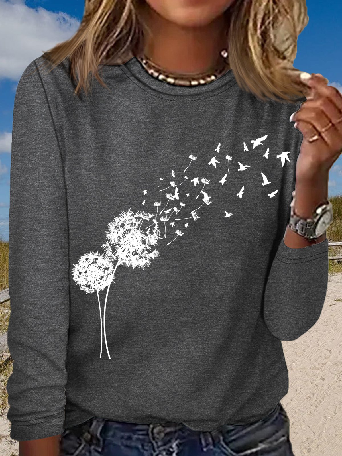 Women's Dandelion with Birds Long Sleeve Shirt