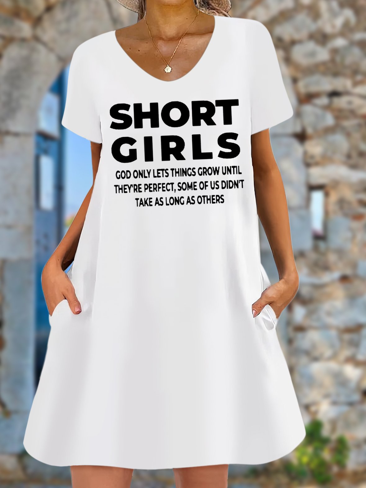 Women's Short Girl Funny Graphic Printing Text Letters Casual V Neck Loose Dress