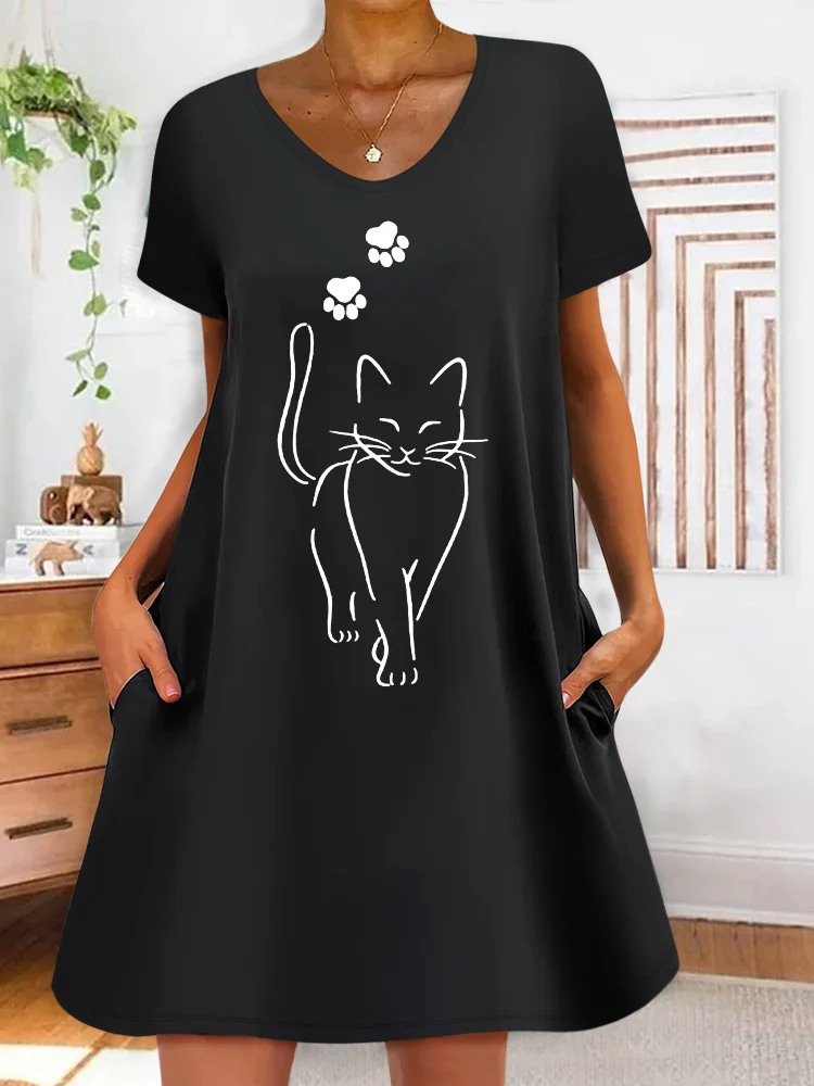 Women's Funny Cat V Neck Casual Dress