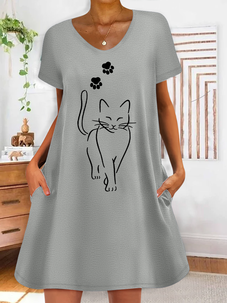 Women's Funny Cat V Neck Casual Dress