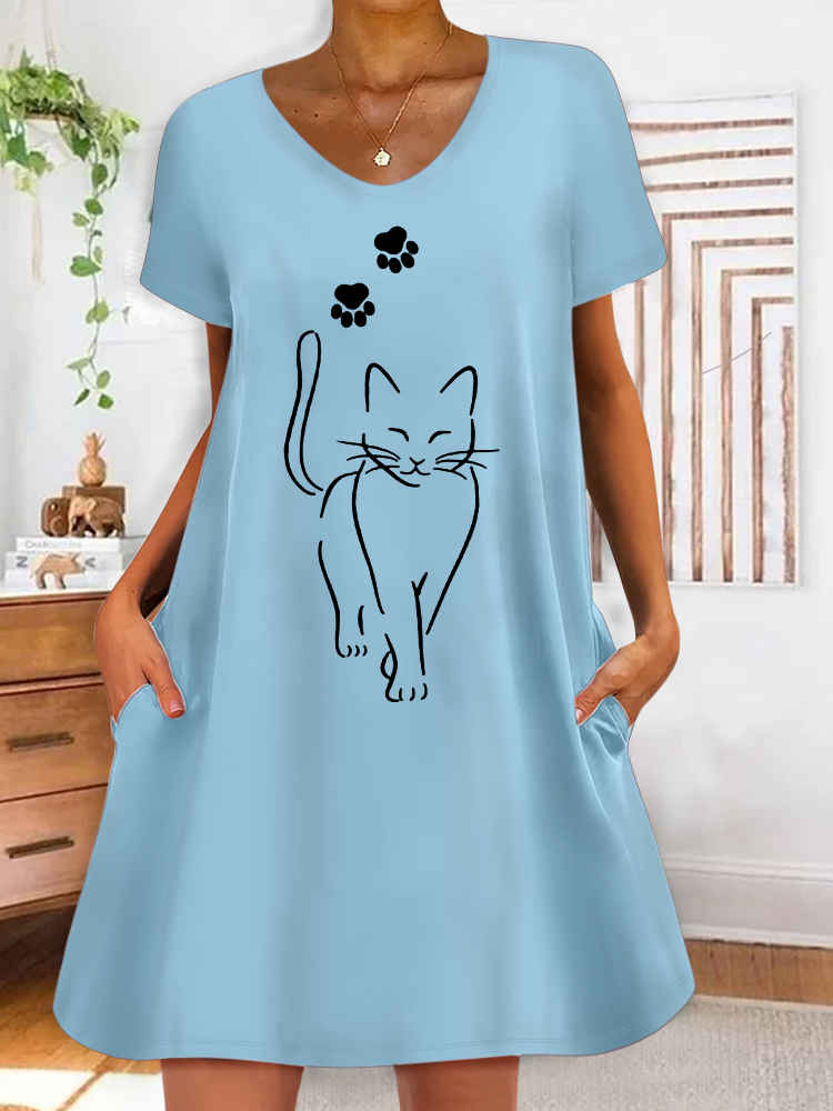 Women's Funny Cat V Neck Casual Dress