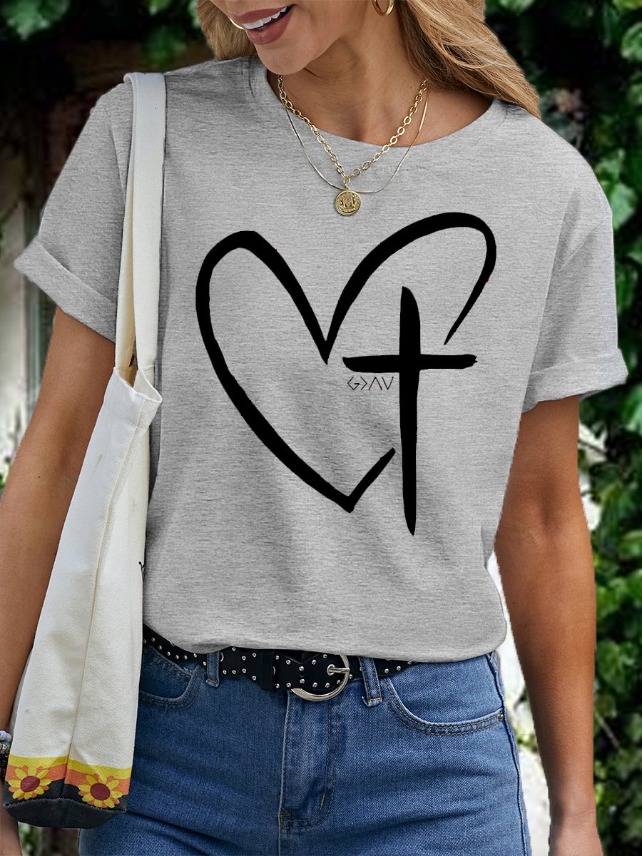 Women's Heart Cross Cotton Crew Neck Casual T-Shirt