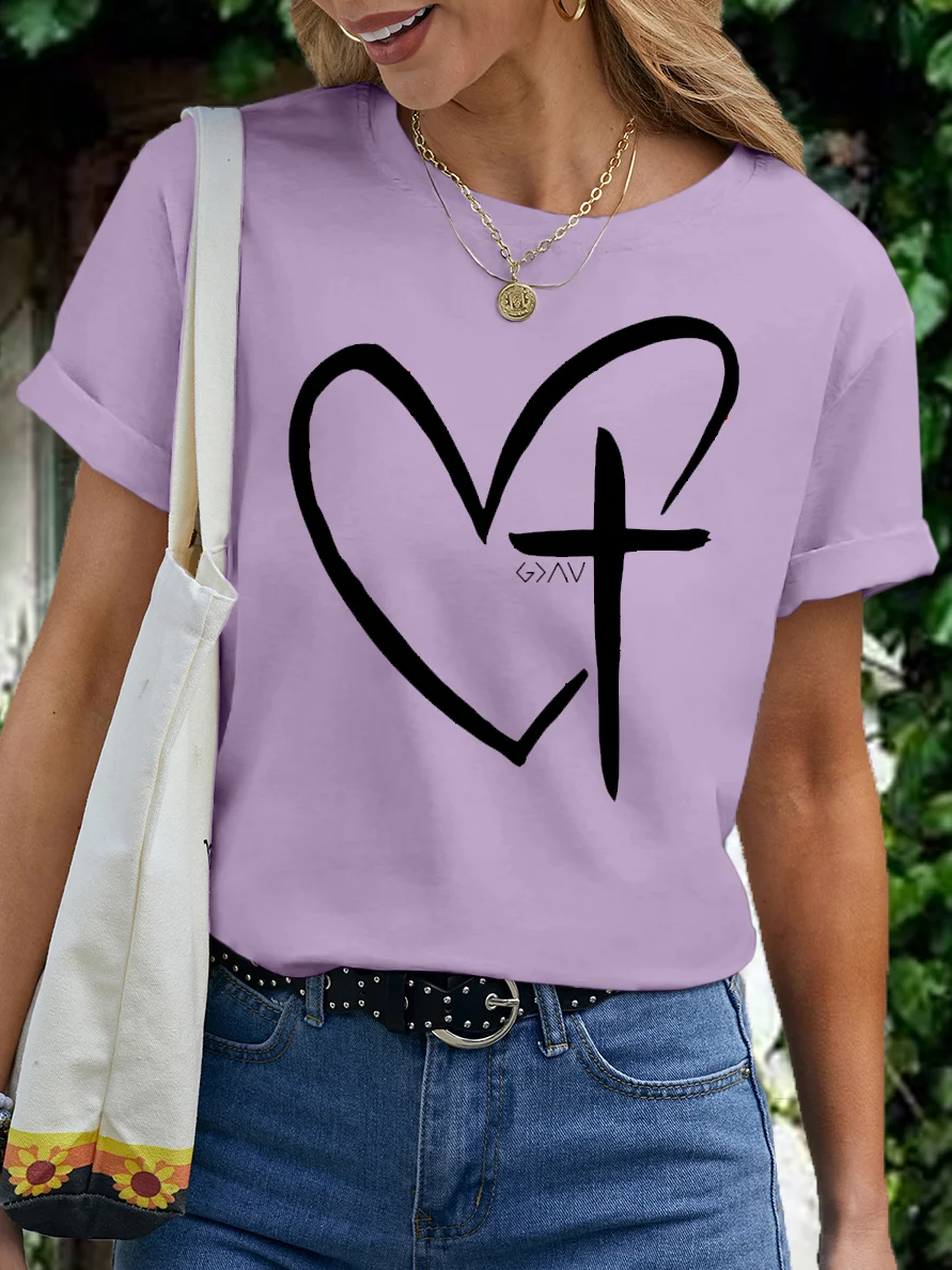 Women's Heart Cross Cotton Crew Neck Casual T-Shirt