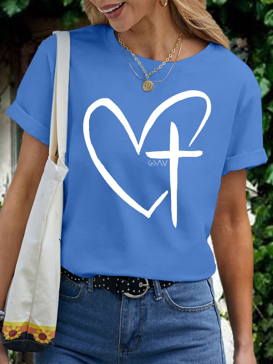 Women's Heart Cross Cotton Crew Neck Casual T-Shirt