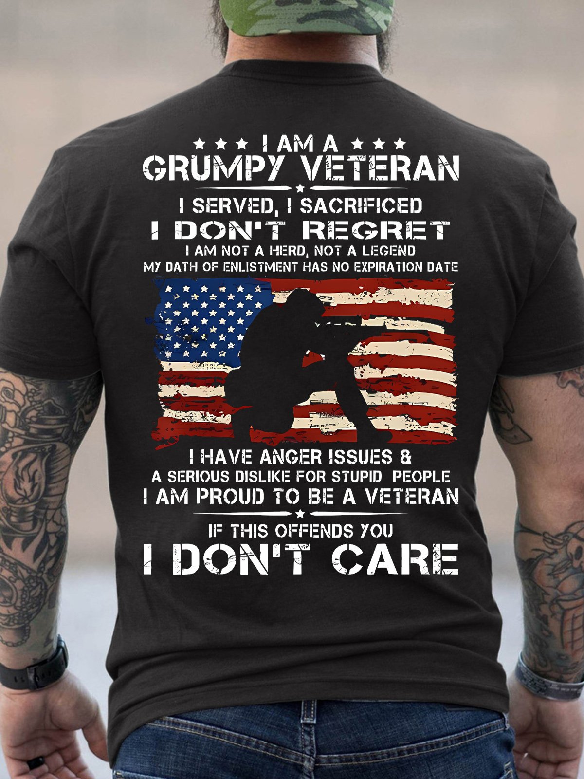 Men's I Am A Grumpy Veteran I Served I Sacrificed I Don't Regret I Am Not A Hero Not A Legend I Don't Care Funny Graphic Printing Cotton America Flag Loose Casual T-Shirt