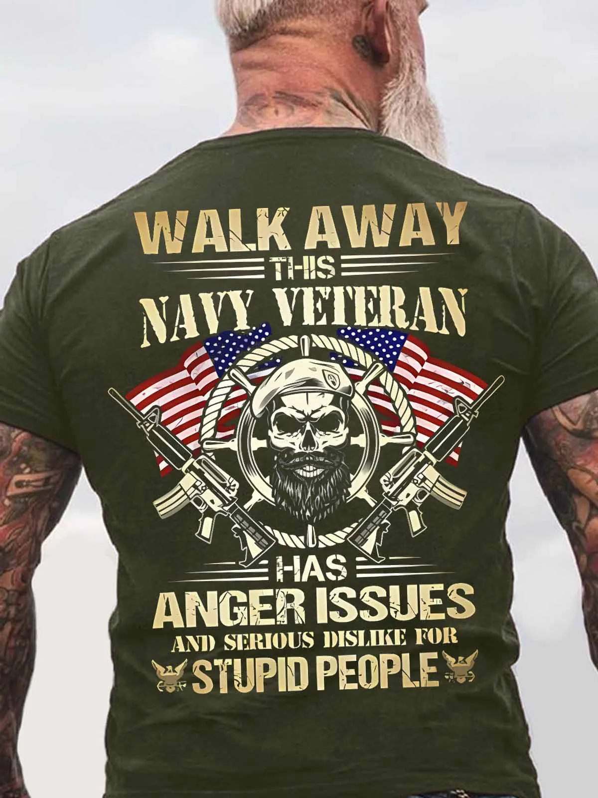 Men's Walk Away This Navy Veteran Has Anger Issues And Serious Dislike For Stupid People Funny Graphic Printing Cotton Casual America Flag Loose T-Shirt