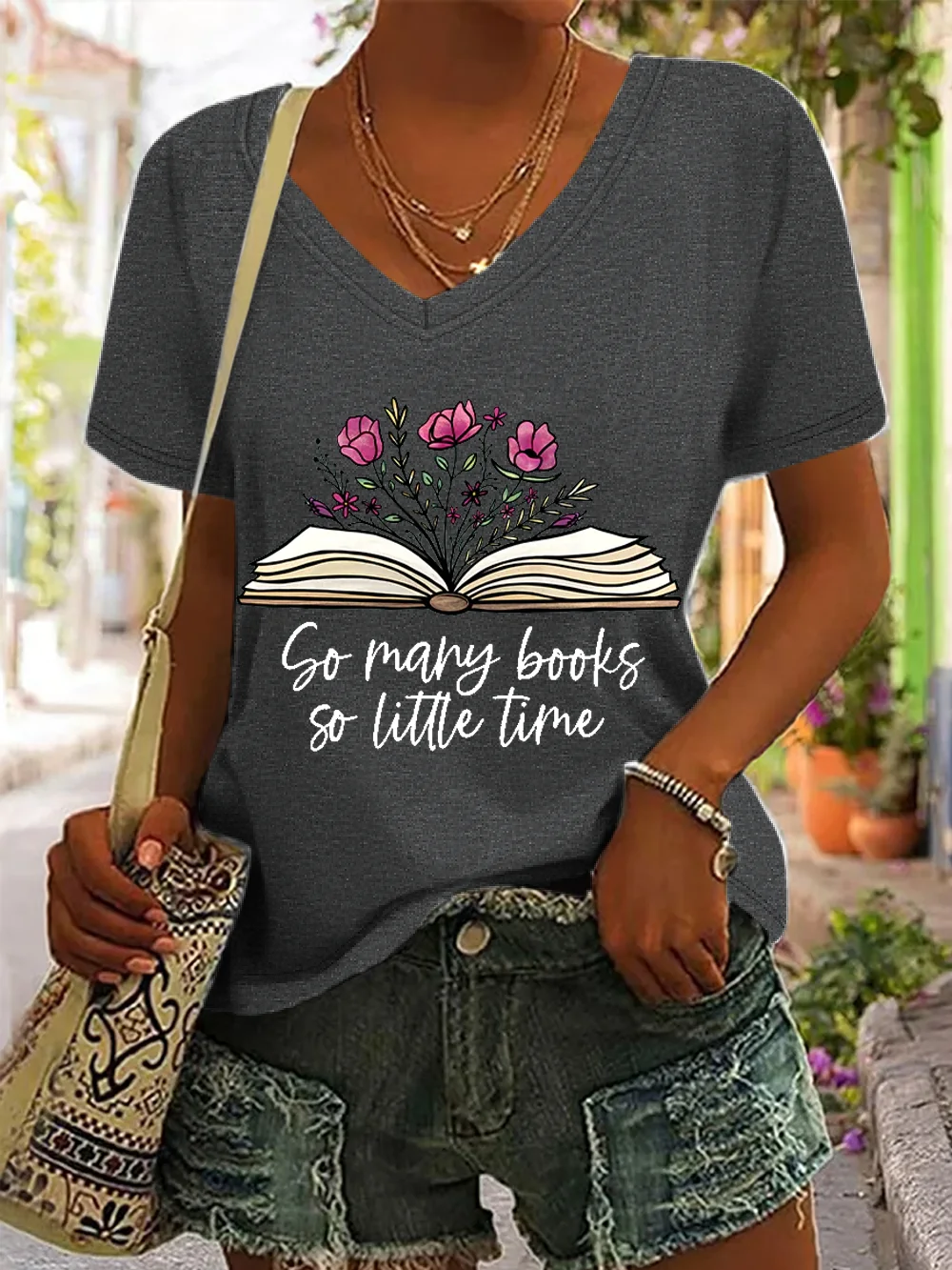 Women's Funny Word So Many Books So Little Time V Neck Casual Loose Cat T-Shirt