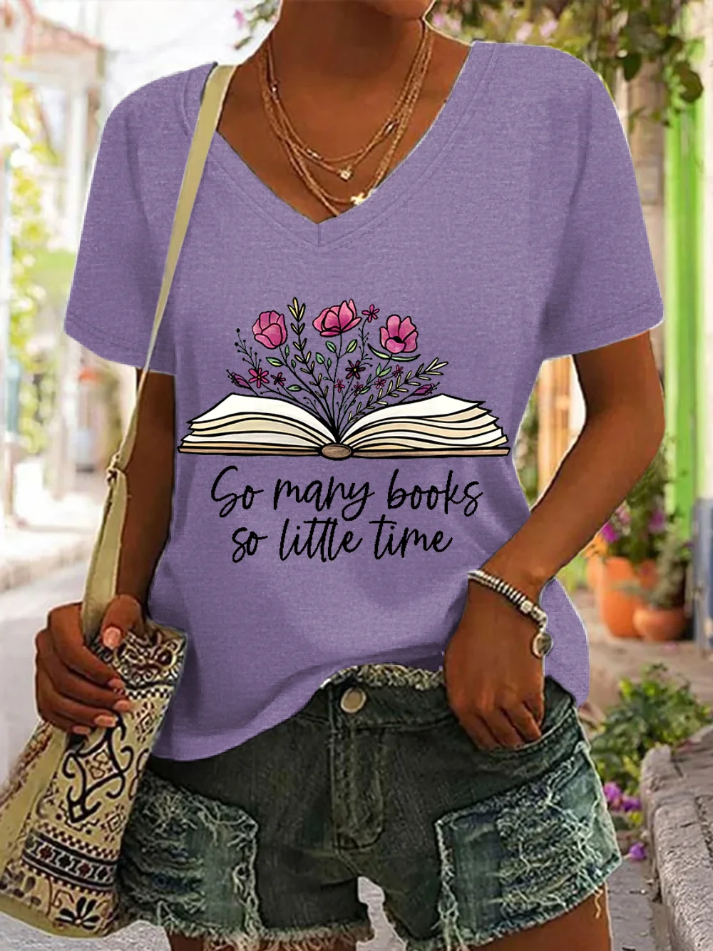 Women's Funny Word So Many Books So Little Time V Neck Casual Loose Cat T-Shirt