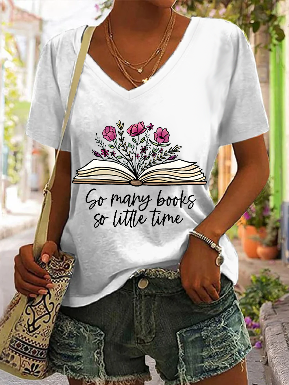 Women's Funny Word So Many Books So Little Time V Neck Casual Loose Cat T-Shirt