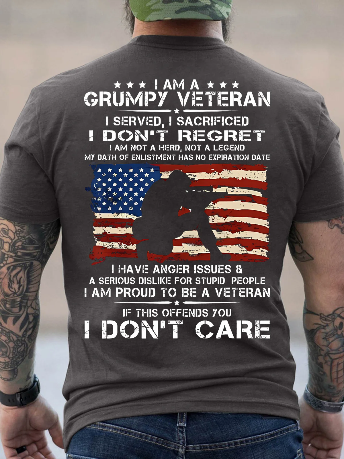 Men's I Am A Grumpy Veteran I Served I Sacrificed I Don't Regret I Am Not A Hero Not A Legend I Don't Care Funny Graphic Printing Cotton America Flag Loose Casual T-Shirt