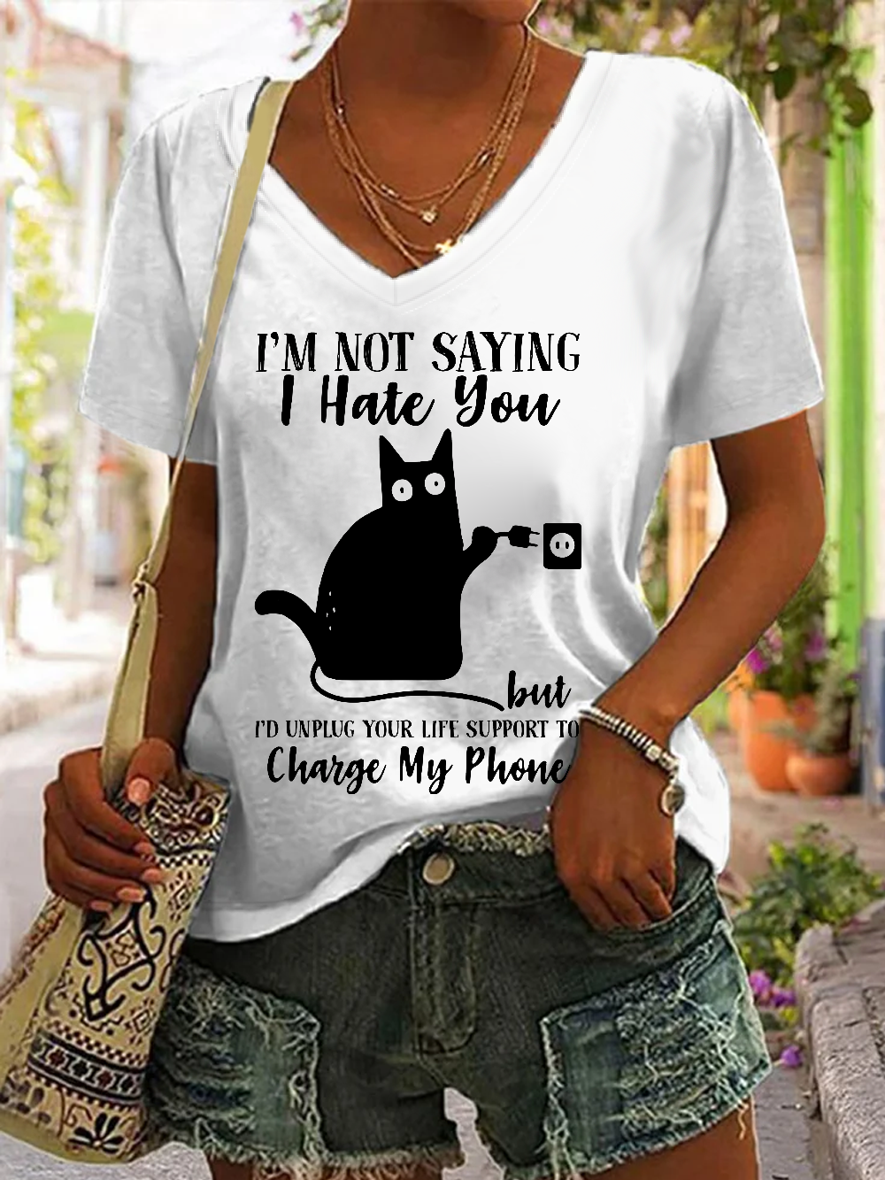 Women‘s Word Black Cat I’m Not Saying I Hate You But I Would Unplug Your Life Support To Charge My Phone Casual Loose T-Shirt