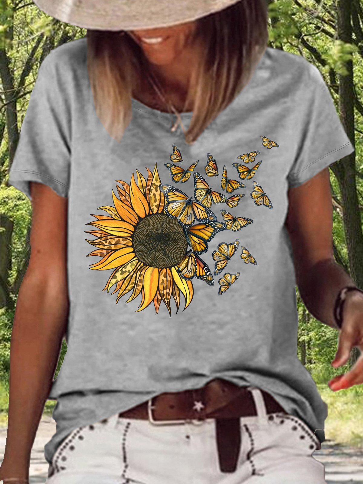 Women's Sunflower Butterflies Casual Letters T-Shirt