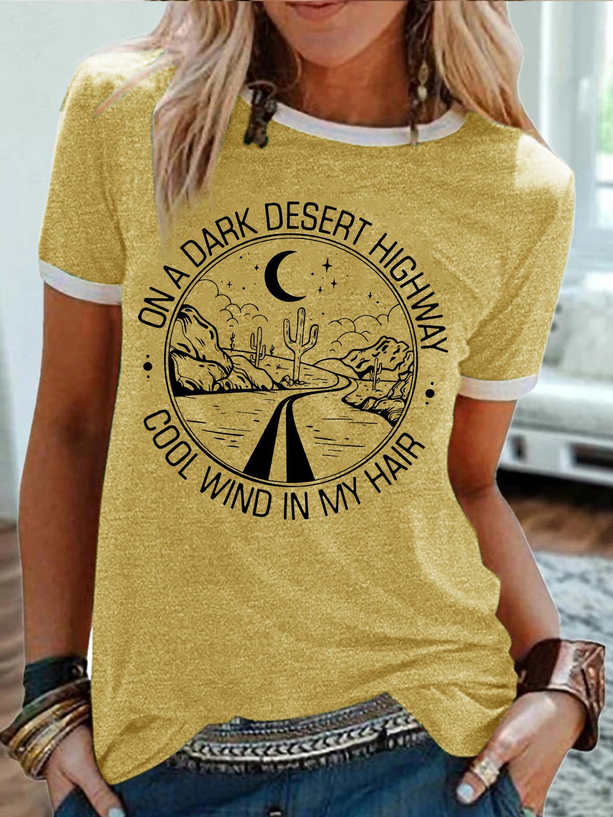 Women's On A Dark Desert Highway Cool Wind In My Hair Funny Graphic Printing Crew Neck Regular Fit Casual Cotton-Blend T-Shirt