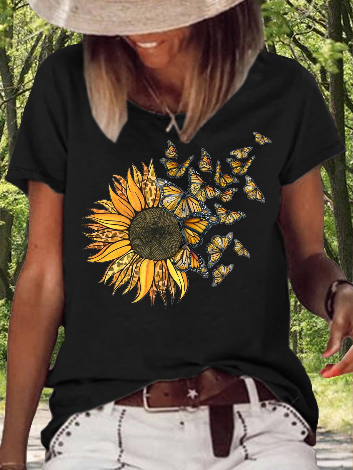 Women's Sunflower Butterflies Casual Letters T-Shirt