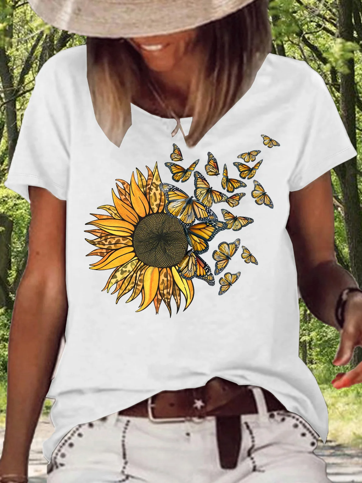 Women's Sunflower Butterflies Casual Letters T-Shirt