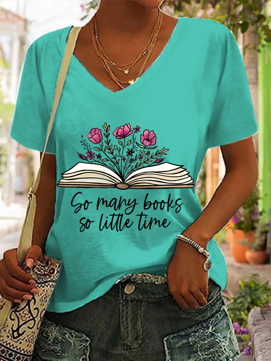 Women's Funny Word So Many Books So Little Time V Neck Casual Loose Cat T-Shirt