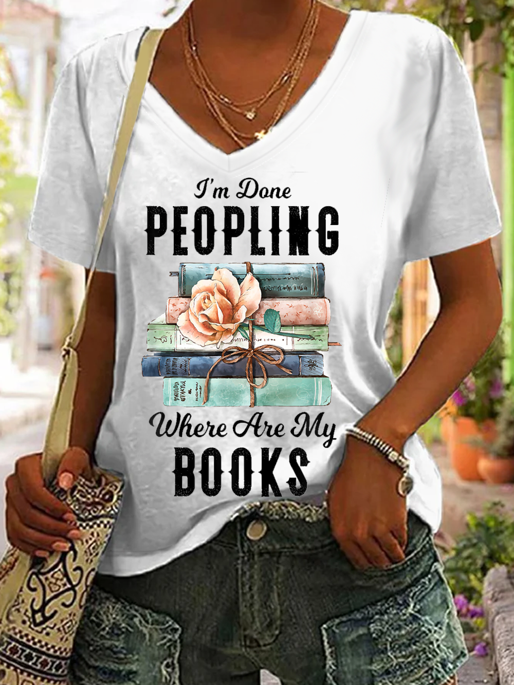 Women's Funny I'm Done Peopling Where Are My Books V Neck Casual T-Shirt