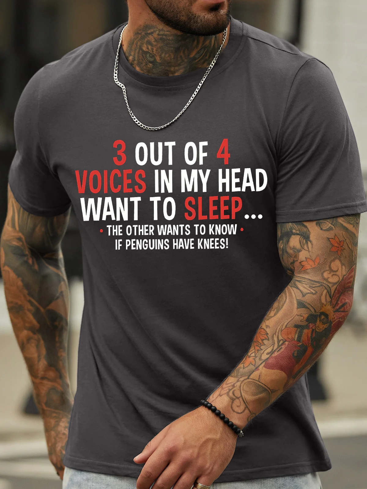 Men's 3 Out Of 4 Voices In My Haed Want To Sleep The Other Wants To Know If Penguins Have Knees Funny Graphic Printing Casual Text Letters Loose Cotton T-Shirt