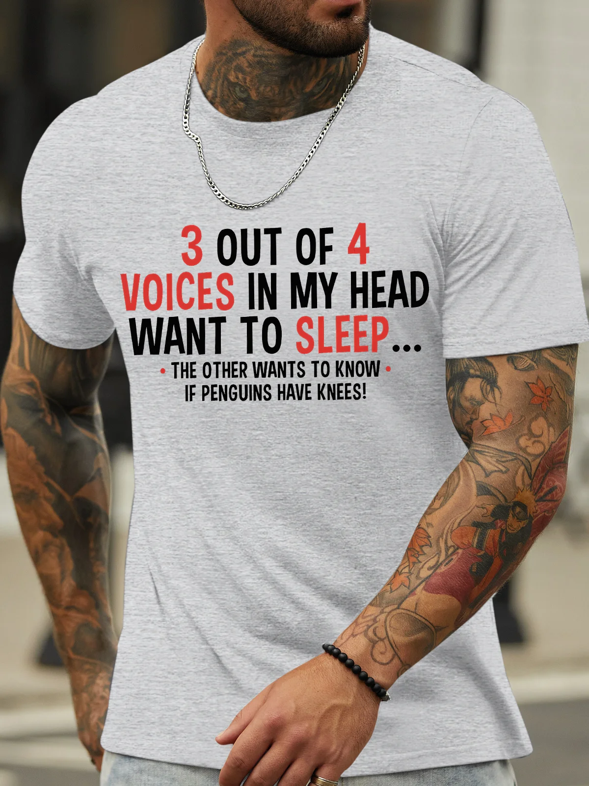 Men's 3 Out Of 4 Voices In My Haed Want To Sleep The Other Wants To Know If Penguins Have Knees Funny Graphic Printing Casual Text Letters Loose Cotton T-Shirt