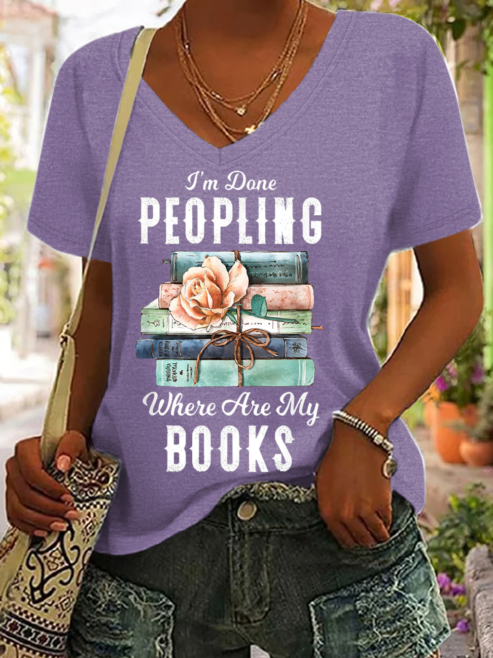 Women's Funny I'm Done Peopling Where Are My Books V Neck Casual T-Shirt