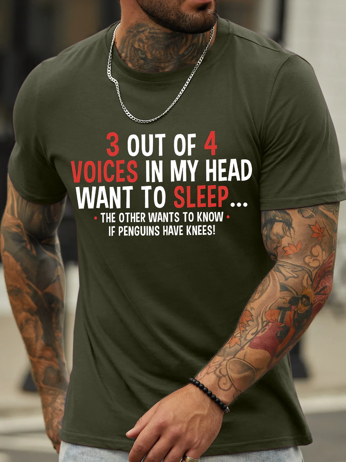 Men's 3 Out Of 4 Voices In My Haed Want To Sleep The Other Wants To Know If Penguins Have Knees Funny Graphic Printing Casual Text Letters Loose Cotton T-Shirt