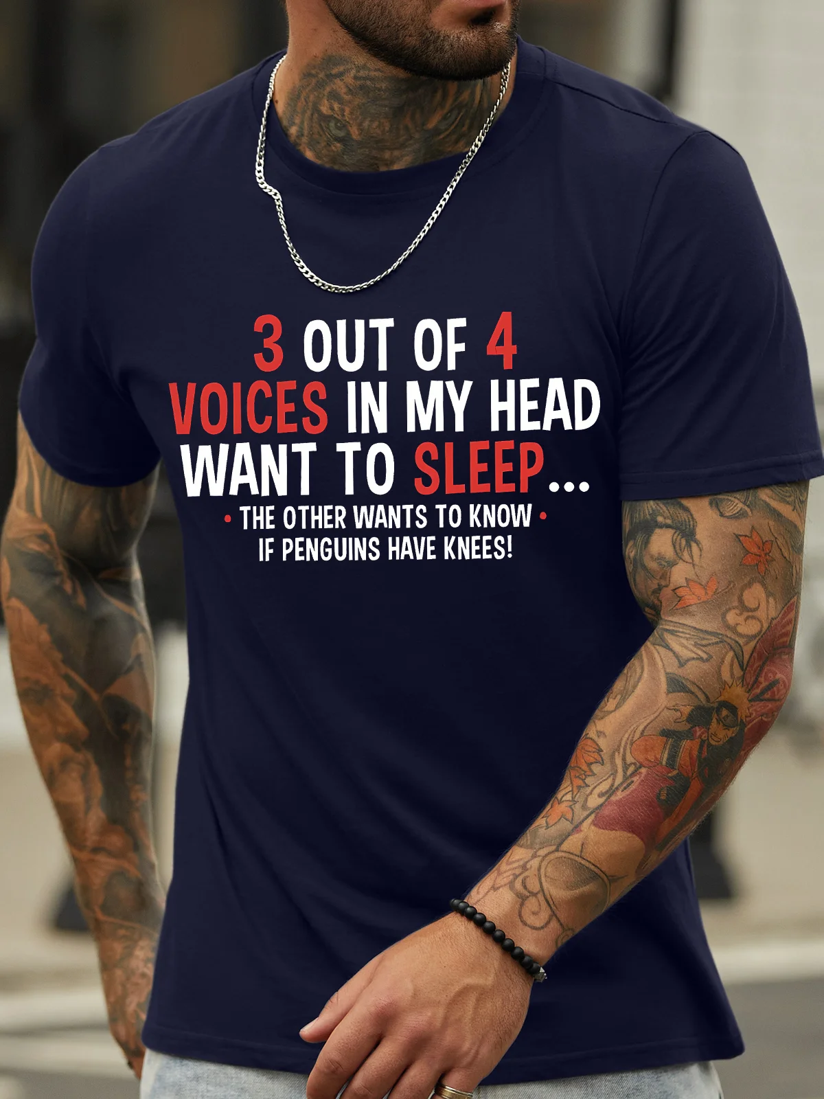 Men's 3 Out Of 4 Voices In My Haed Want To Sleep The Other Wants To Know If Penguins Have Knees Funny Graphic Printing Casual Text Letters Loose Cotton T-Shirt