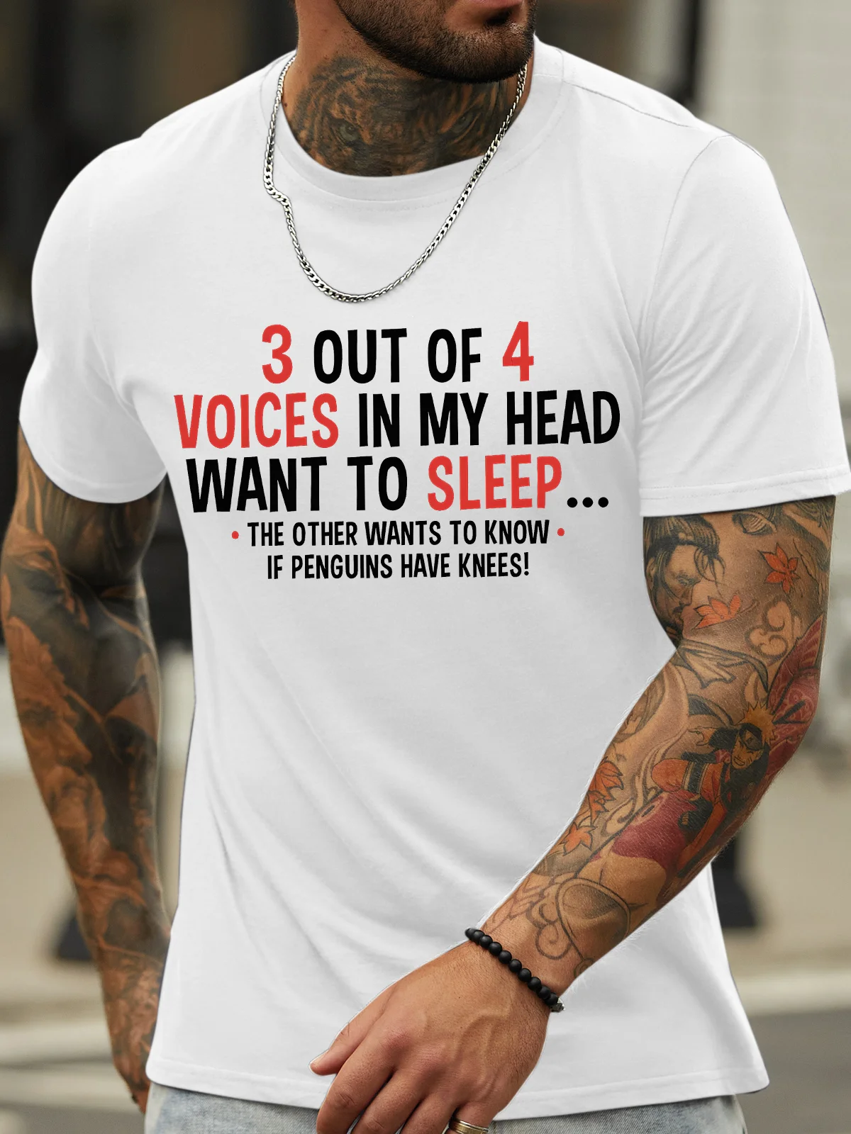 Men's 3 Out Of 4 Voices In My Haed Want To Sleep The Other Wants To Know If Penguins Have Knees Funny Graphic Printing Casual Text Letters Loose Cotton T-Shirt