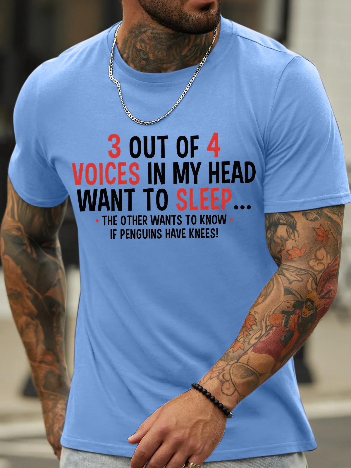 Men's 3 Out Of 4 Voices In My Haed Want To Sleep The Other Wants To Know If Penguins Have Knees Funny Graphic Printing Casual Text Letters Loose Cotton T-Shirt