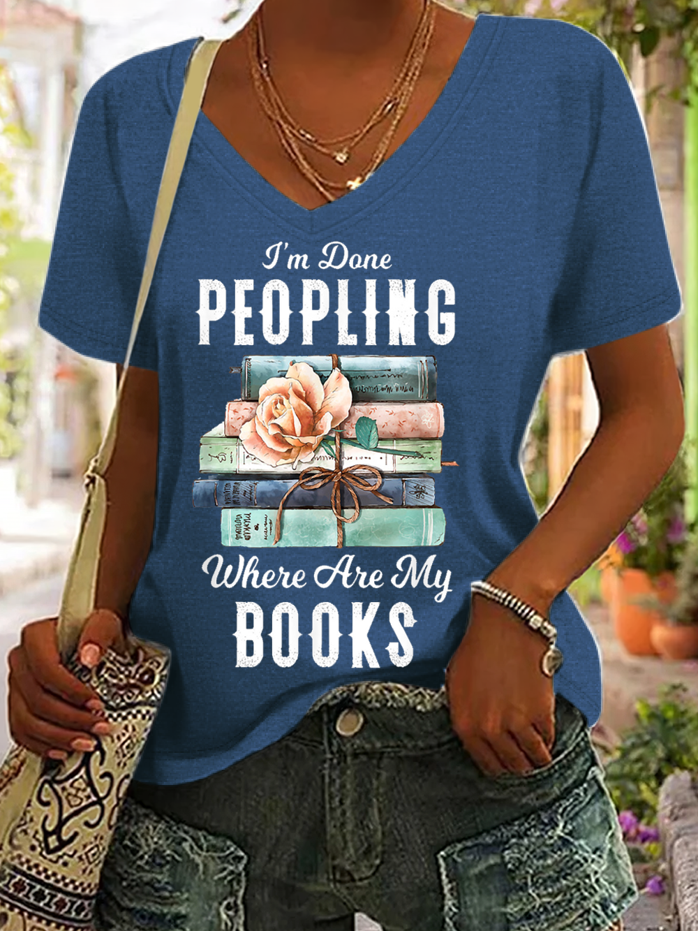 Women's Funny I'm Done Peopling Where Are My Books V Neck Casual T-Shirt