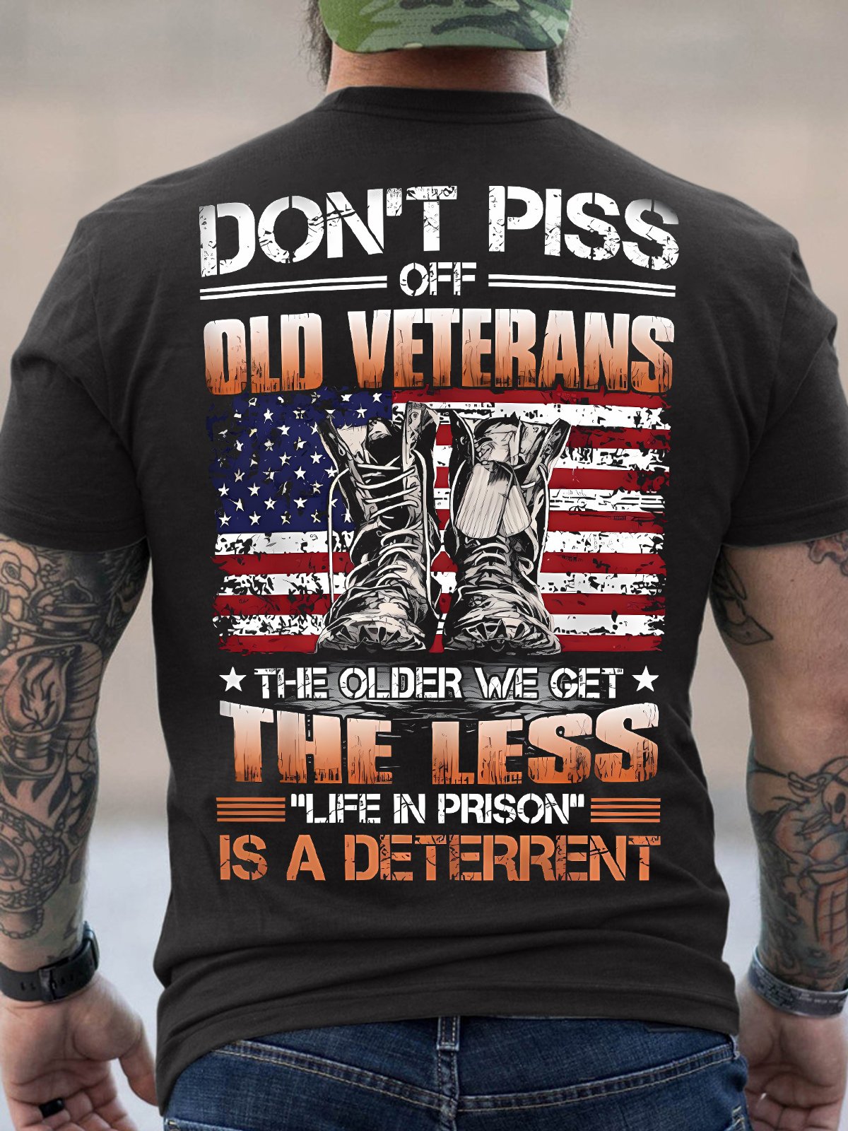 Men's Don't Piss Off Old Veterans The Older We Get The Less Life In Prison Is A Deterrent Funny Graphic Printing Cotton America Flag Casual Loose T-Shirt