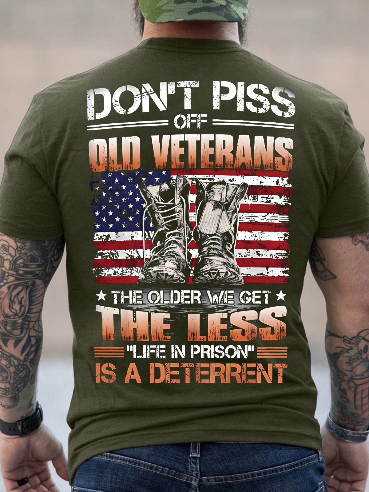 Men's Don't Piss Off Old Veterans The Older We Get The Less Life In Prison Is A Deterrent Funny Graphic Printing Cotton America Flag Casual Loose T-Shirt