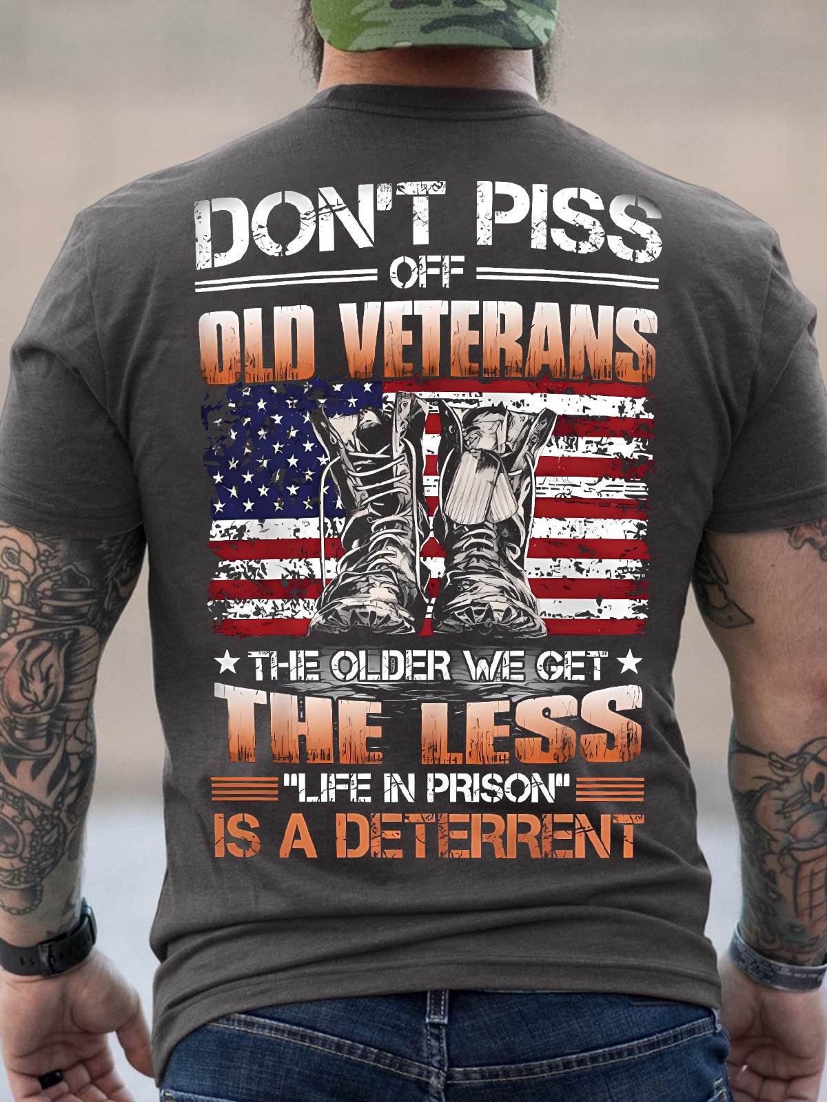 Men's Don't Piss Off Old Veterans The Older We Get The Less Life In Prison Is A Deterrent Funny Graphic Printing Cotton America Flag Casual Loose T-Shirt