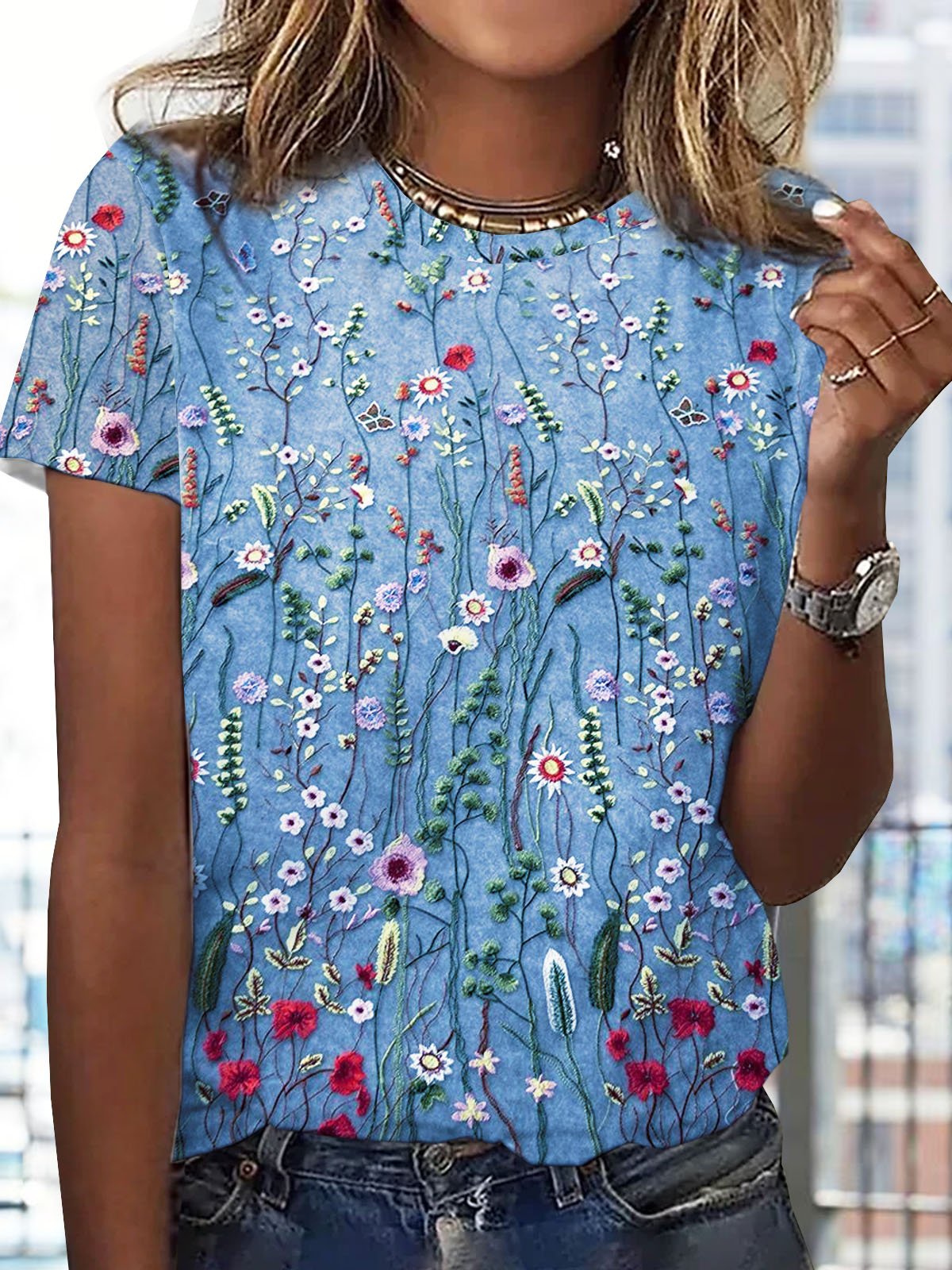 Jersey Floral Printed Casual Crew Neck T-Shirt