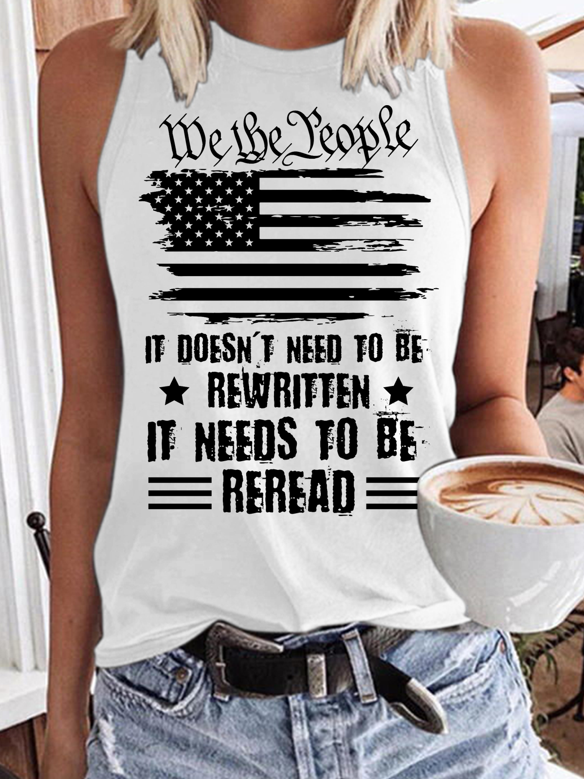 Women‘s We The People America Flag Crew Neck Cotton-Blend Casual Tank Top