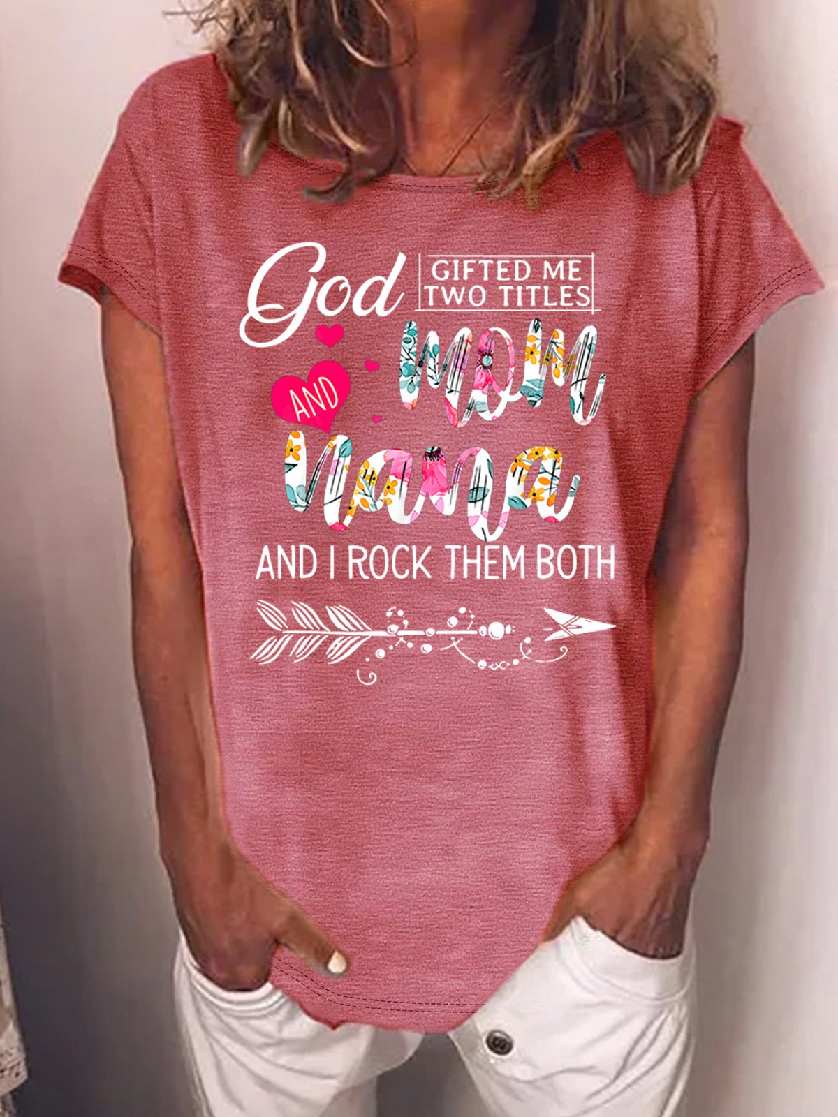 Women’s God Gifted Me Two Titles Mom Nana And I Rock Them Both Text Letters Casual Cotton T-Shirt