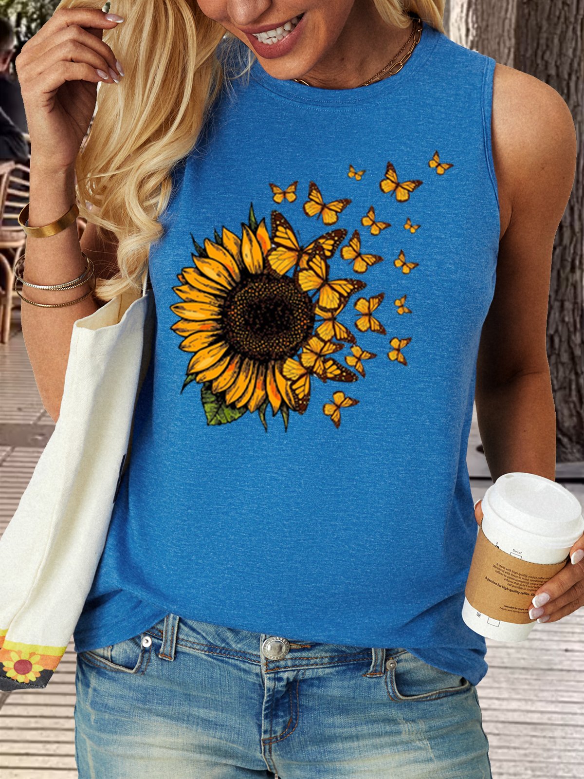 Women's Sunflower Butterfly Casual Tank Top