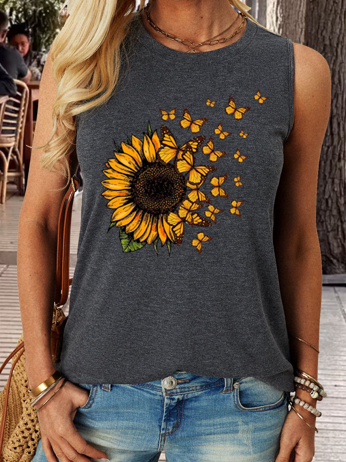 Women's Sunflower Butterfly Casual Tank Top