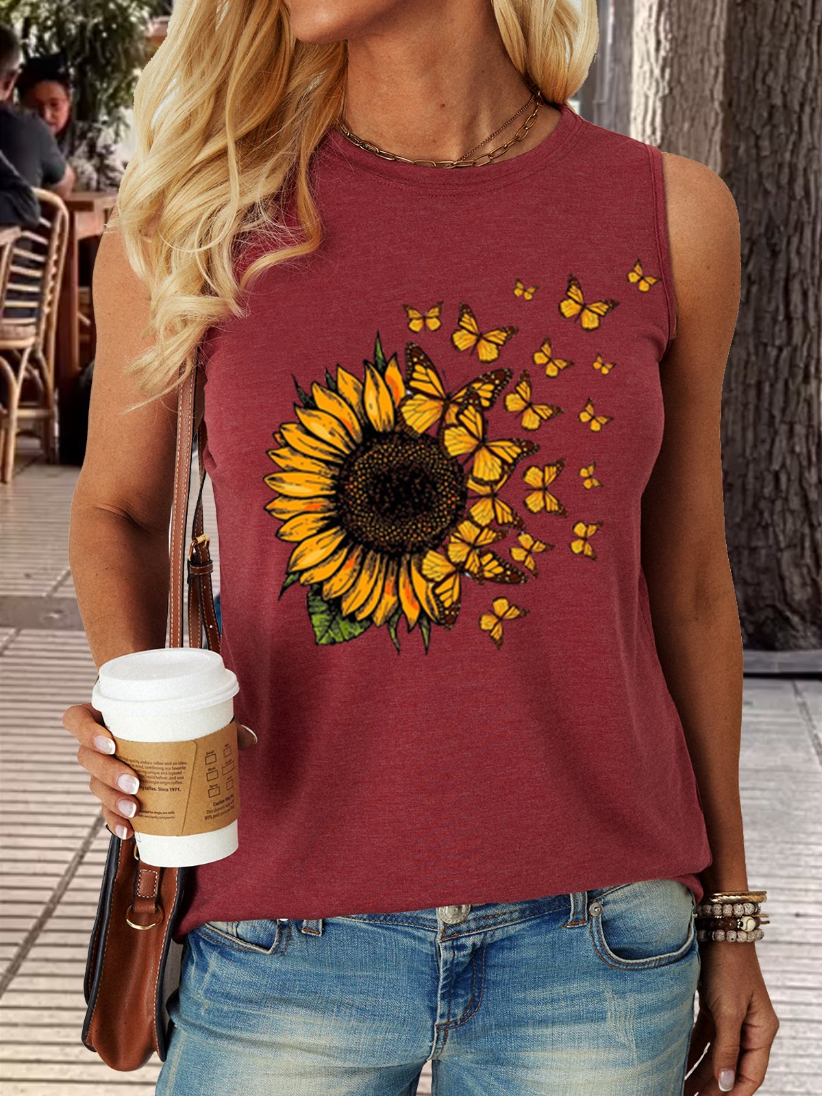 Women's Sunflower Butterfly Casual Tank Top